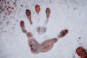 A trace from the hand of a man on the melted snow. winter concept of minimalism. warmth of the hand photo