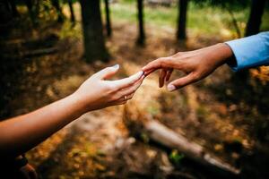 Close-up of a woman and a man holding out their hands, two people holding hands. The symbol is a sign of sincere feelings, a loved one. the concept of true friendship, outdoors photo