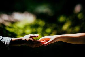 Close-up of a woman and a man holding out their hands, two people holding hands. The symbol is a sign of sincere feelings, a loved one. the concept of true friendship, outdoors photo