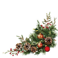 Festive pine arrangement with ornaments and cones png