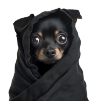 Cute dog wrapped in a black blanket for warmth png
