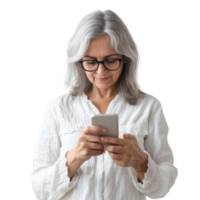 Elderly woman using smartphone in bright setting png