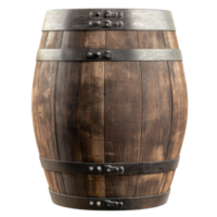 Rustic wooden barrel with metal bands on display png