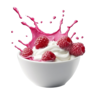 Raspberry yogurt splash in white bowl with cream png