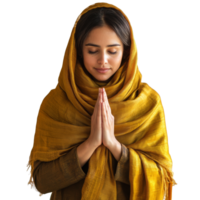 Woman practicing meditation with a shawl draped png