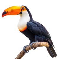 Brightly colored toucan perched on a branch png