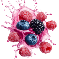 Fresh berries create a splash in vibrant juice png
