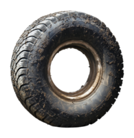 Old muddy tire resting on a white background png