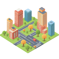 Daytime urban scene with buildings and roads png