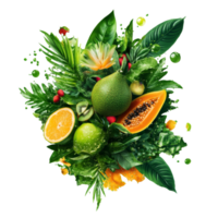 Fresh fruit and green leaves arranged artfully png
