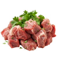 Freshly cut cubes of beef with green herbs png