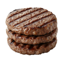 Grilled beef patties stacked on a white background png
