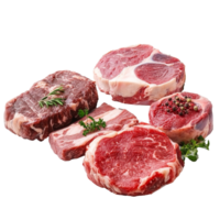 Various cuts of beef displayed on a white surface png