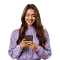 Young woman smiles while using smartphone indoors png