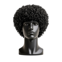 Curly black wig displayed on mannequin head png