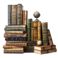 Vintage collection of books and a globe on display png