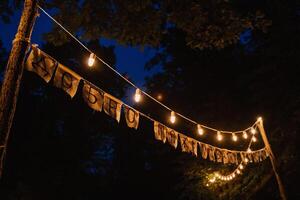 evening light bulbs in a country house in nature, light in the dark from a garland, holiday decor, outdoor photo