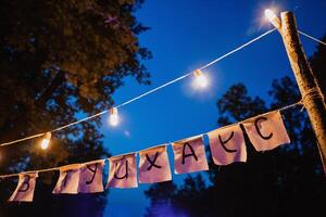 evening light bulbs in a country house in nature, light in the dark from a garland, holiday decor, outdoor photo