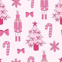 Pink Nutcracker Christmas Pattern With Candy Canes and Snowflakes vector