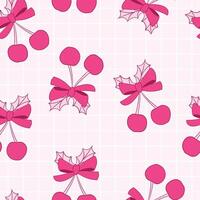 Festive Pink Cherry Pattern With Bows And Leaves On Grid Background vector