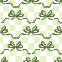 Seamless Pattern With Green Bows On Checkered Background vector