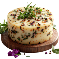Artisanal Cheese Wheel with Strawberry and Rosemary Garnish for Elegant Presentation png