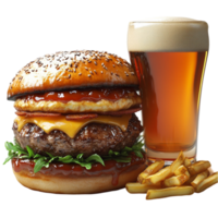 3D Juicy Cheeseburger with Beer and Fries Isolated on Transparent Background png