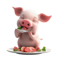 3D Render of Pig Eating Meat on Plate png