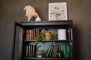 A black bookcase with books and plants on it photo