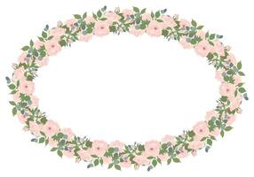 Oval frame of light pink roses and eucalyptus branches. Composition of beautiful flowers, buds, leaves isolated on background. floral illustrations in flat style for wedding invitations, cards vector