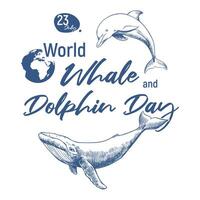 Poster for Whale and Dolphin Day July 23. Concept of global problem of preserving animal diversity in the ocean. linear drawing of orca and humpback whale. vector