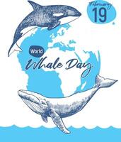 Vertical banner for Whale Day, February 19, 2025. linear drawing of marine mammals against the background of planet Earth. Concept of the problem of preserving animal diversity in the ocean. vector
