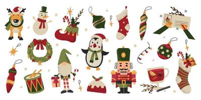 Large set collection of winter Christmas New Year elements. Nutcracker, gnome, deer, decor, pudding, socks, snowman, penguin vector