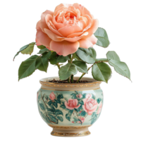 Fresh Pink Garden Rose In Ornate Turquoise Pottery Isolated on Transparent Background png