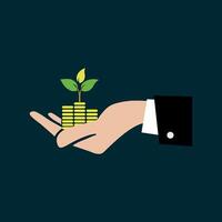 simple and modern icon representing financial investment or cost management. It features an open hand holding a green leaf. vector
