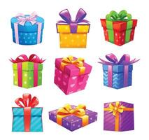 Set of colorful presents in various wrapping styles, perfect for holidays and celebrations. Cartoon illustration vector