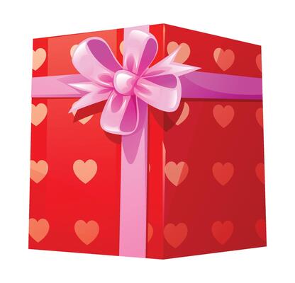 Red gift box with heart patterns and decorative pink ribbon, perfect for Valentines Day. Cartoon illustration