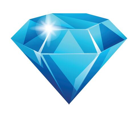 Blue diamond gem with brilliant facets and sparkles. Cartoon illustration isolated on white background