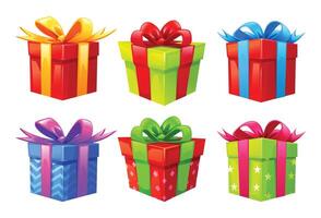 Set of colorful presents with bows and ribbons in various wrapping styles. Cartoon illustration vector