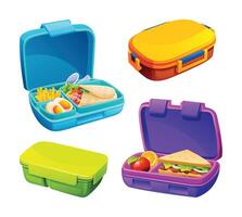 Set of closed and open lunch boxes with sandwiches, fruits, and healthy meals in compartments. Cartoon illustration vector