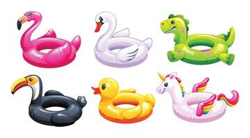 Set of inflatable swimming pool floats shaped like animals, ideal for pool fun and decoration. Cartoon illustration vector