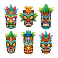 Collection of tiki masks with unique tribal designs, colorful patterns, and details. Cartoon illustration vector