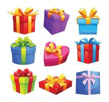 Nine assorted gift boxes, including round and heart shapes, perfect for holidays and celebrations. Cartoon illustration vector