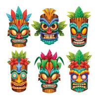 Set of tiki masks with unique tribal designs, colorful patterns, and details. Cartoon illustration vector