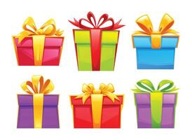 Set of gift boxes with bows in various colors, ideal for holiday themes. Cartoon illustration vector