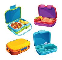 Set of closed and open lunch boxes with rice, fruits, and healthy meals in compartments. Cartoon illustration vector
