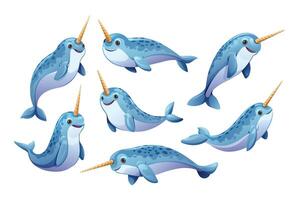 Set of narwhal in different poses. Cartoon illustration vector