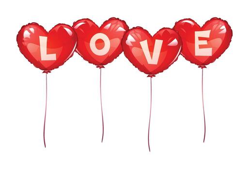 Red heart balloons with letters spelling LOVE on strings, creating a romantic display. cartoon illustration vector