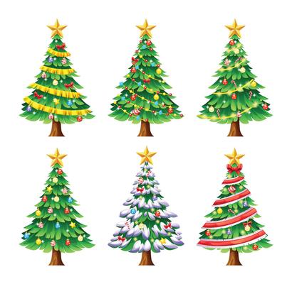 Set of decorated Christmas trees with ornaments, garlands, and stars on top. Cartoon illustration