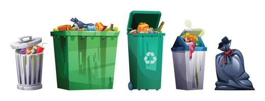 Set of trash bins overflowing with garbage, showcasing waste and recycling concepts. Cartoon illustration vector